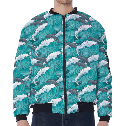 Dolphin Riding Waves Pattern Print Zip Sleeve Bomber Jacket