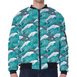 Dolphin Riding Waves Pattern Print Zip Sleeve Bomber Jacket