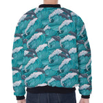 Dolphin Riding Waves Pattern Print Zip Sleeve Bomber Jacket