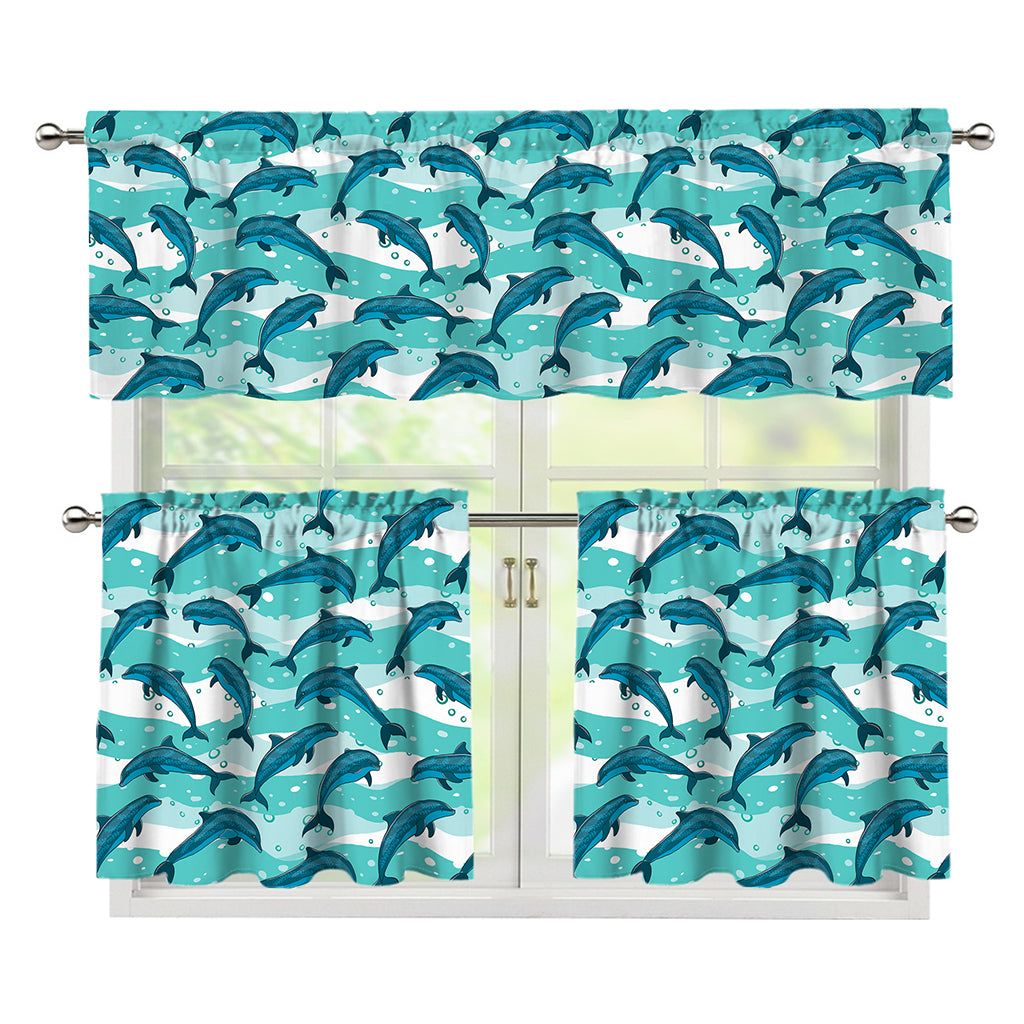 Dolphins In The Ocean Pattern Print 3 Piece Kitchen Curtains
