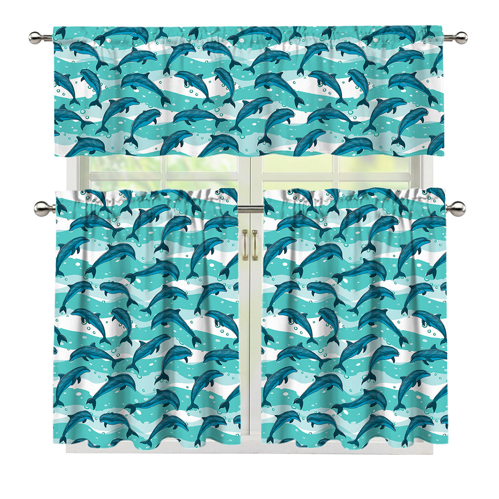 Dolphins In The Ocean Pattern Print 3 Piece Kitchen Curtains