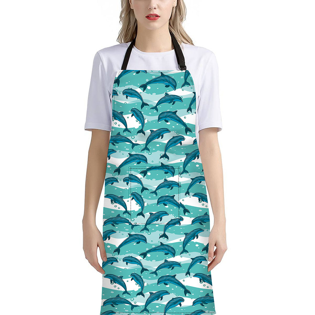 Dolphins In The Ocean Pattern Print Bib Apron With Pocket