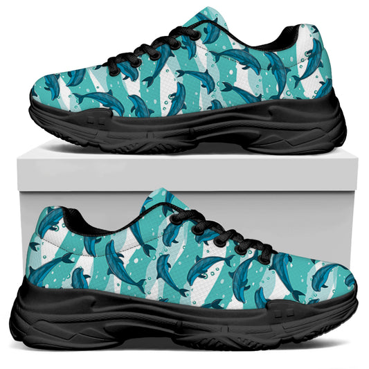 Dolphins In The Ocean Pattern Print Black Chunky Shoes