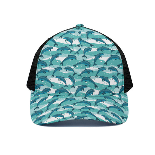 Dolphins In The Ocean Pattern Print Black Mesh Trucker Cap