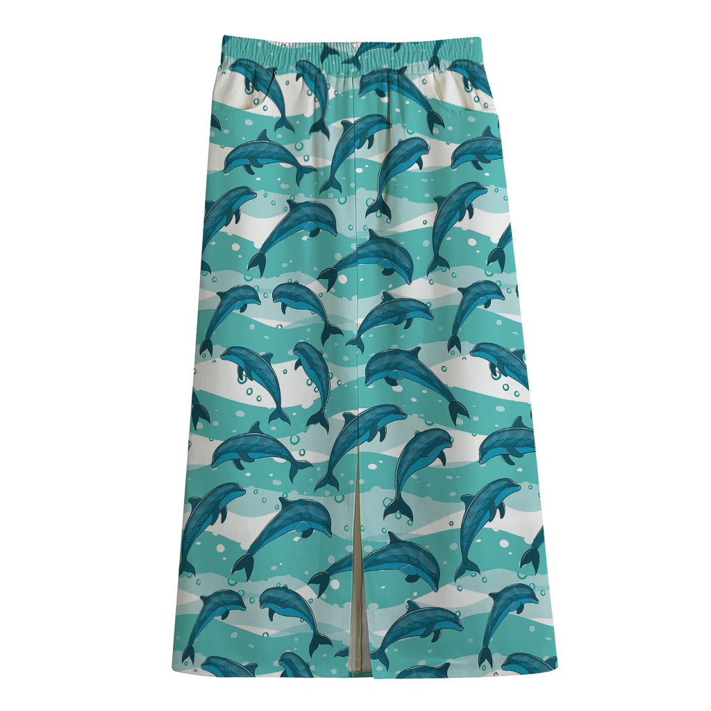 Dolphins In The Ocean Pattern Print Cotton Front Slit Maxi Skirt