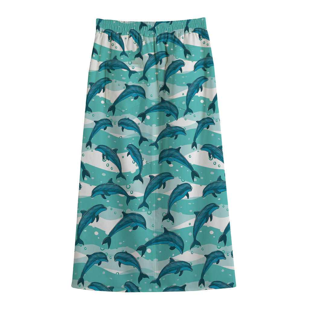 Dolphins In The Ocean Pattern Print Cotton Front Slit Maxi Skirt