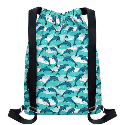 Dolphins In The Ocean Pattern Print Drawstring Backpack