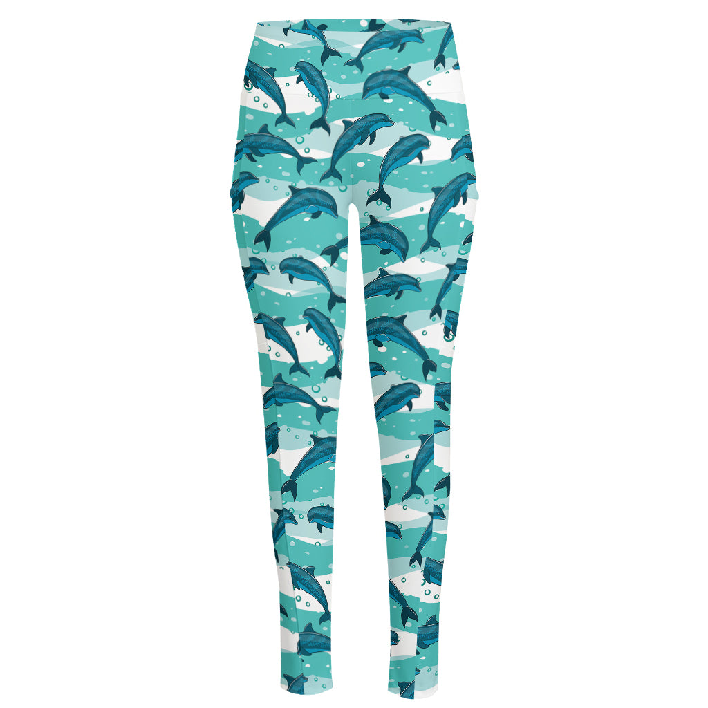 Dolphins In The Ocean Pattern Print High-Waisted Pocket Leggings