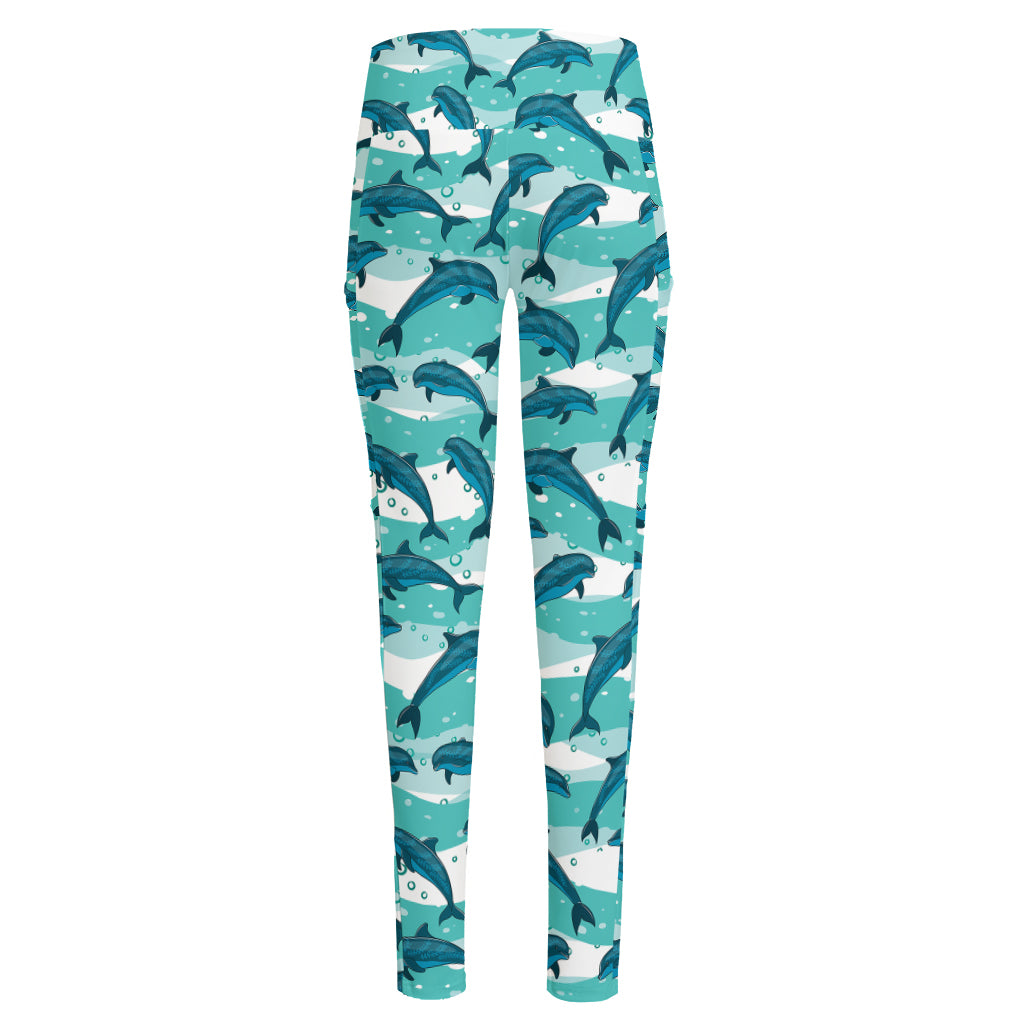 Dolphins In The Ocean Pattern Print High-Waisted Pocket Leggings