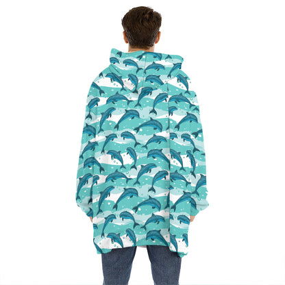 Dolphins In The Ocean Pattern Print Hoodie Blanket