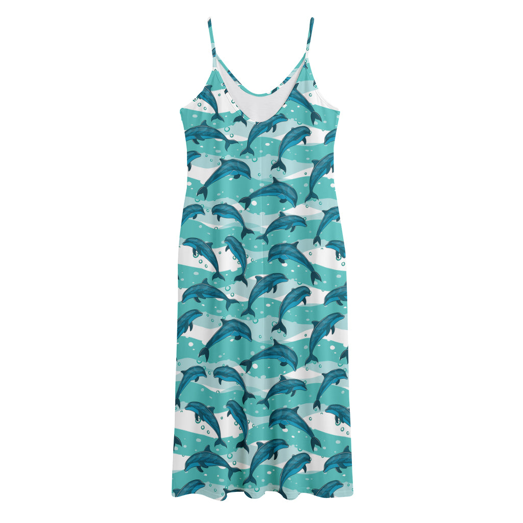 Dolphins In The Ocean Pattern Print Jersey Midi Cami Dress