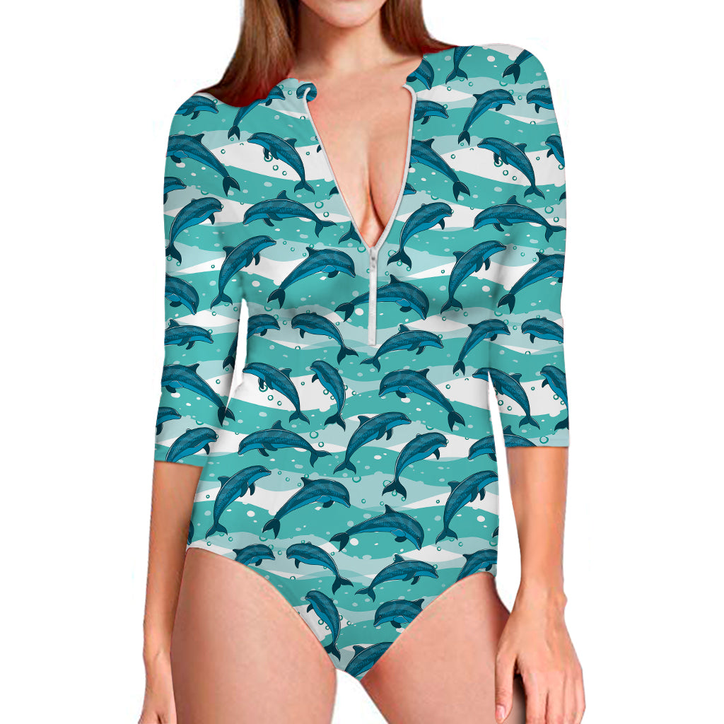 Dolphins In The Ocean Pattern Print Long Sleeve Swimsuit