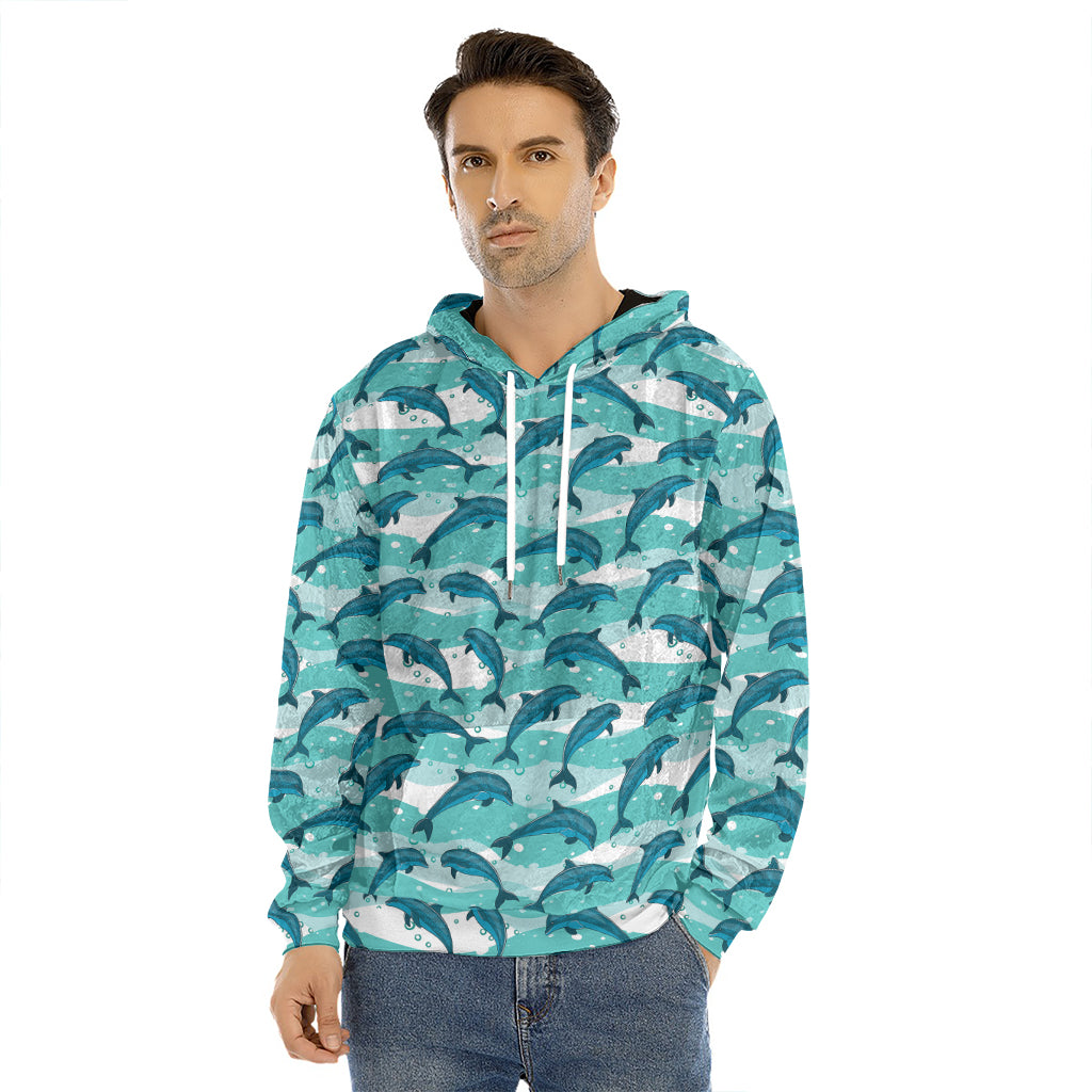 Dolphins In The Ocean Pattern Print Men's Velvet Pullover Hoodie