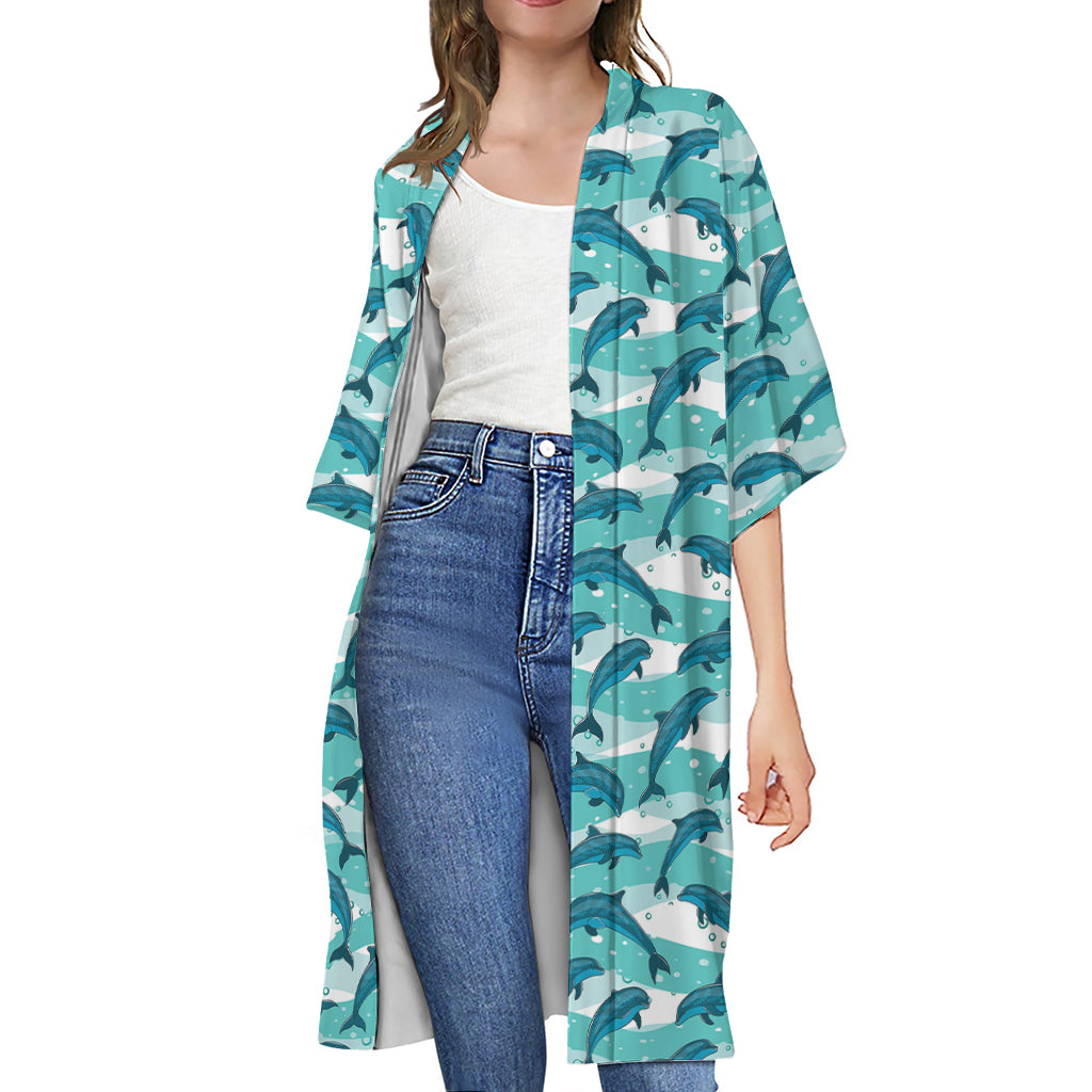 Dolphins In The Ocean Pattern Print Open Front Beach Cover Up