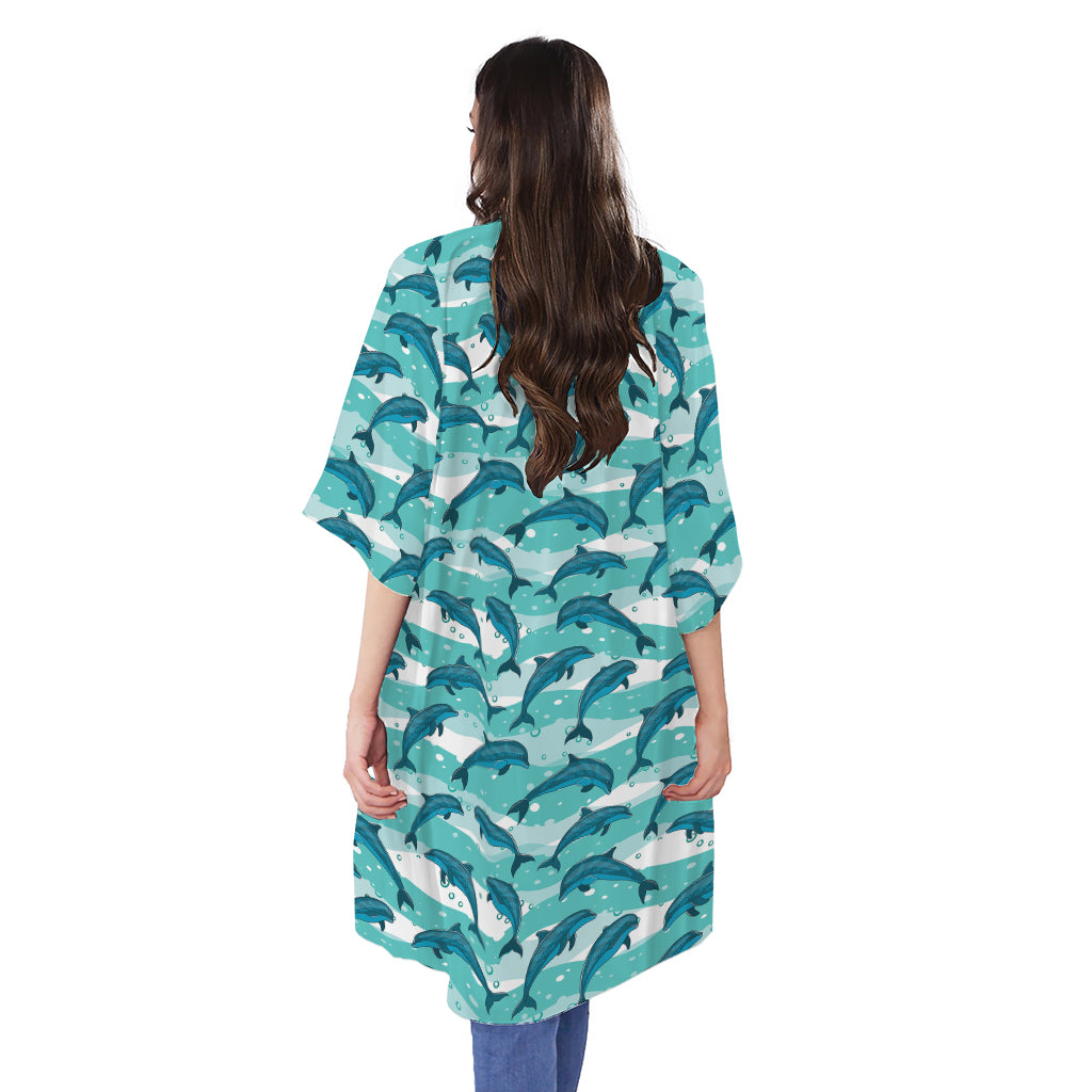 Dolphins In The Ocean Pattern Print Open Front Beach Cover Up