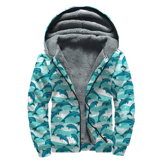 Dolphins In The Ocean Pattern Print Sherpa Lined Zip Up Hoodie