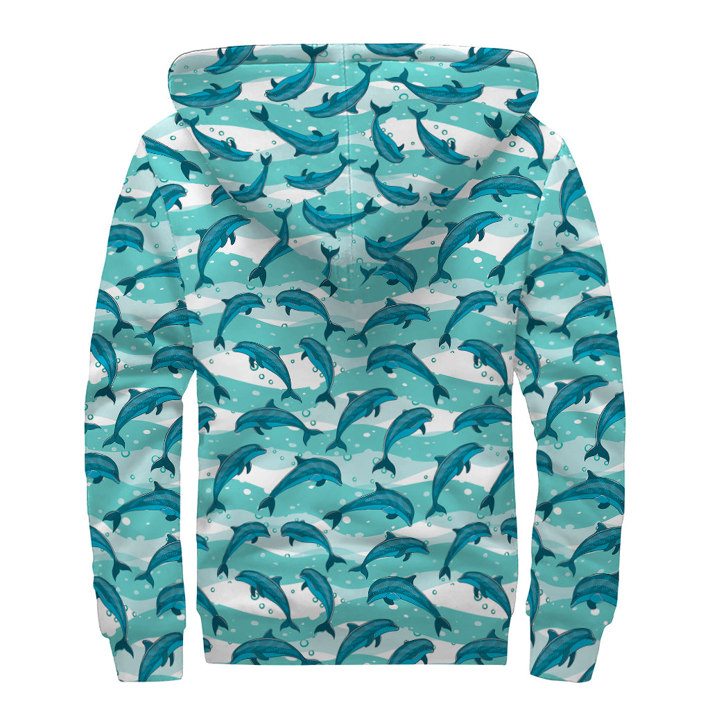 Dolphins In The Ocean Pattern Print Sherpa Lined Zip Up Hoodie