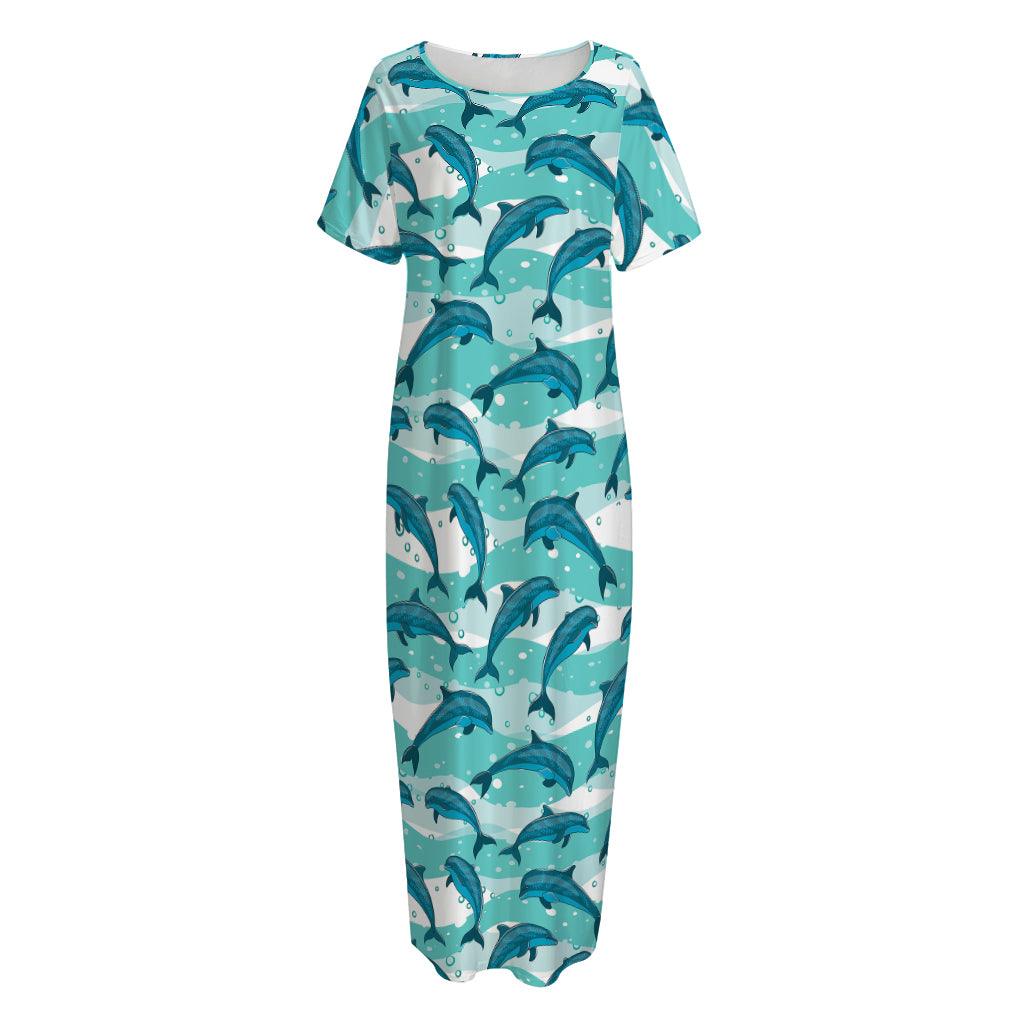 Dolphins In The Ocean Pattern Print Short Sleeve Long Nightdress