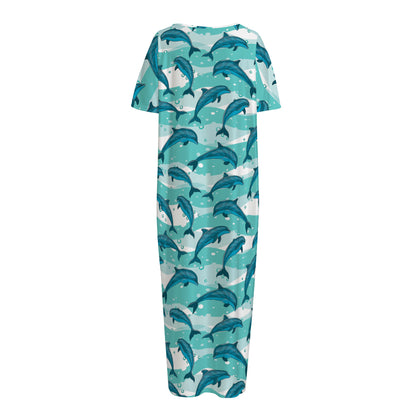 Dolphins In The Ocean Pattern Print Short Sleeve Long Nightdress