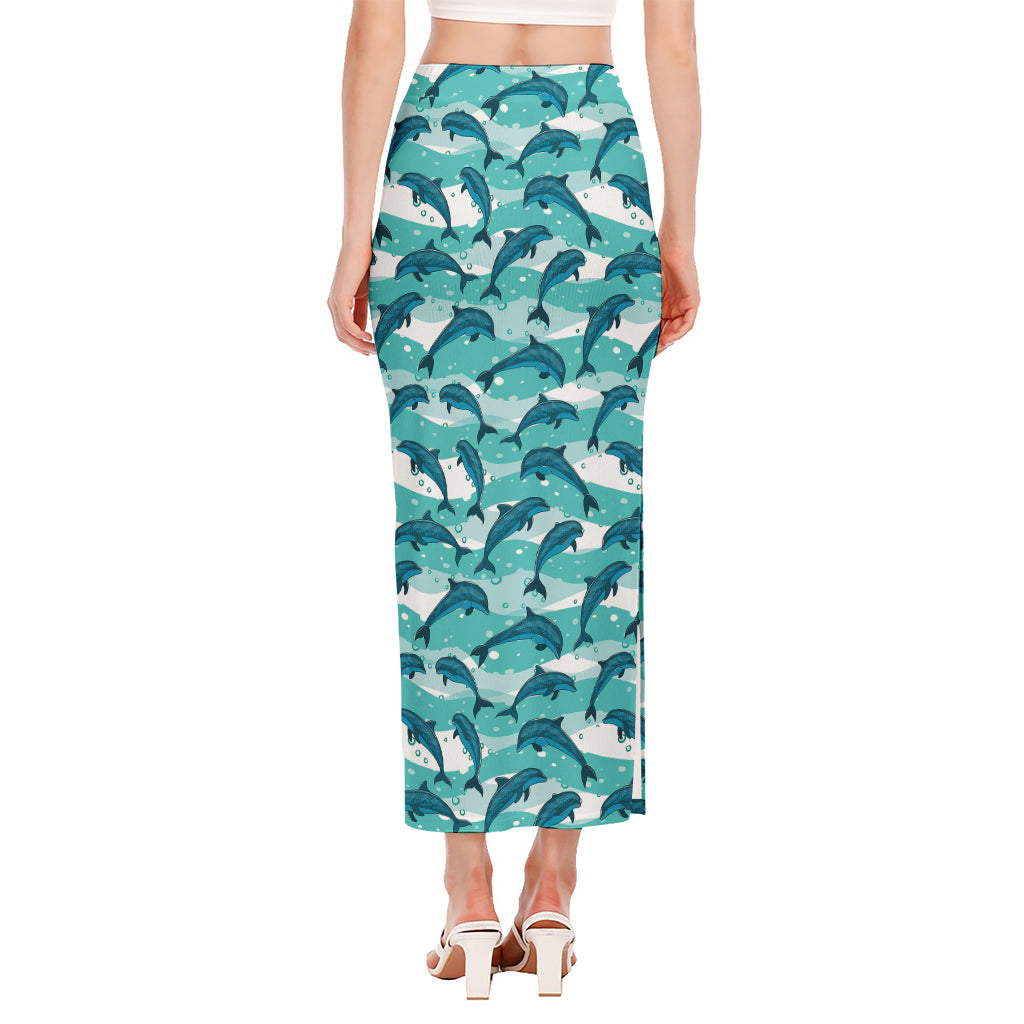 Dolphins In The Ocean Pattern Print Side Slit Maxi Skirt