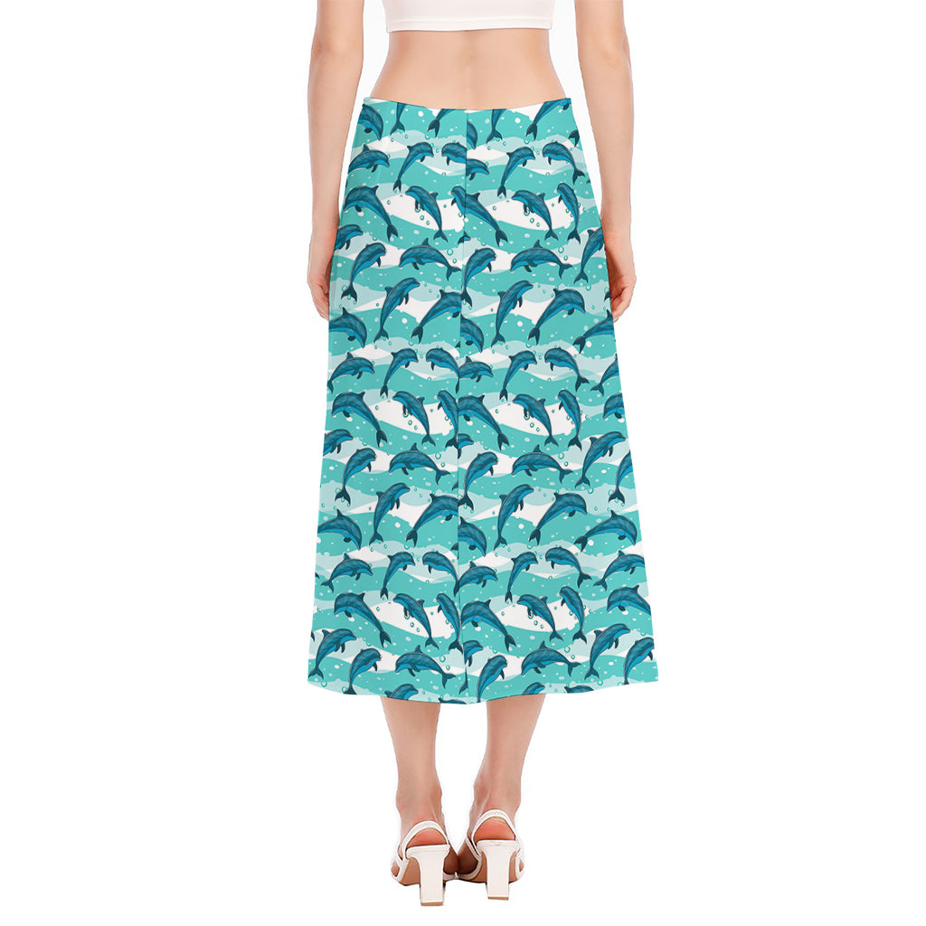 Dolphins In The Ocean Pattern Print Side Slit Midi Skirt