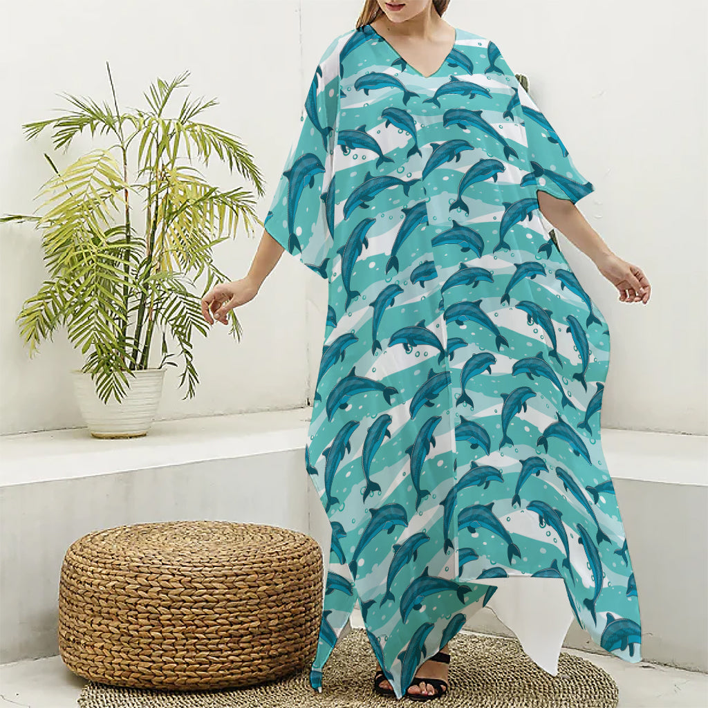 Dolphins In The Ocean Pattern Print Silk V-Neck Kaftan Dress