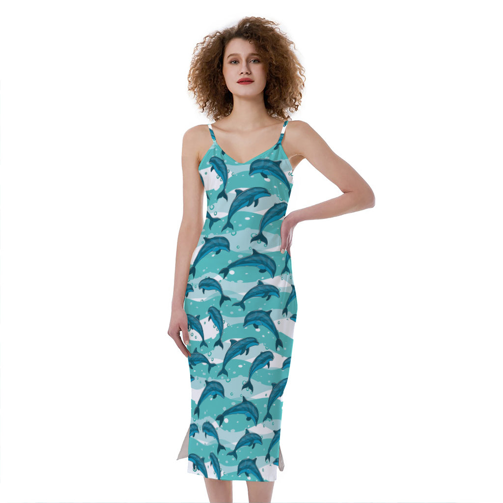 Dolphins In The Ocean Pattern Print Slim Fit Midi Cami Dress