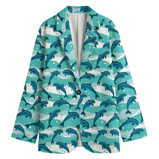Dolphins In The Ocean Pattern Print Women's Cotton Blazer