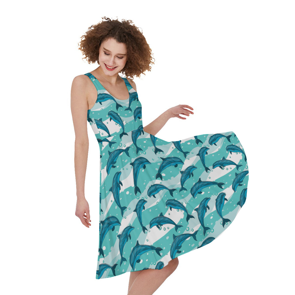 Dolphins In The Ocean Pattern Print Women's Sleeveless Dress