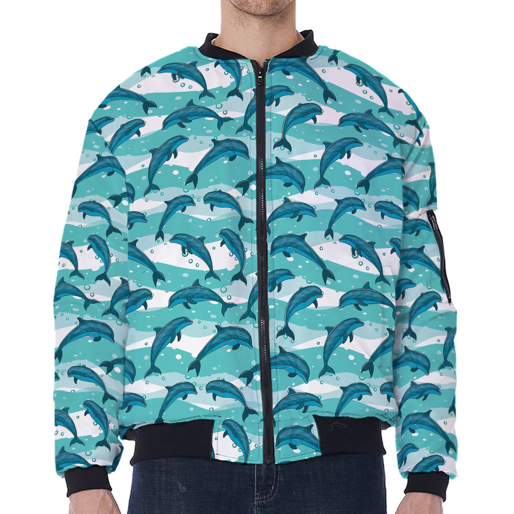 Dolphins In The Ocean Pattern Print Zip Sleeve Bomber Jacket