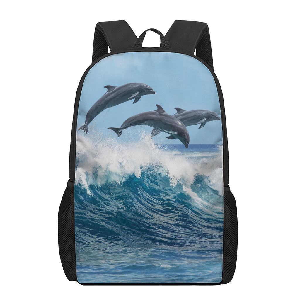 Dolphins Jumping Over Waves Print 17 Inch Backpack
