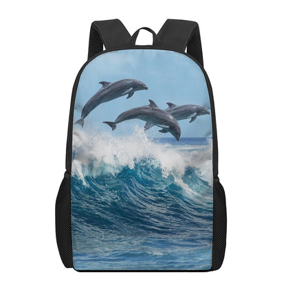 Dolphins Jumping Over Waves Print 17 Inch Backpack