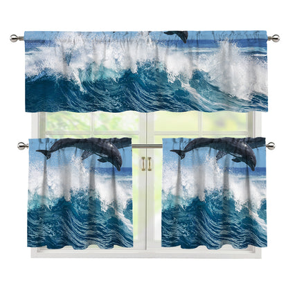 Dolphins Jumping Over Waves Print 3 Piece Kitchen Curtains