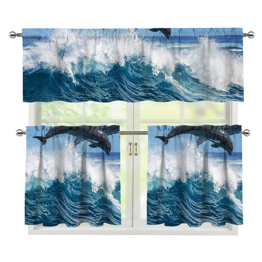 Dolphins Jumping Over Waves Print 3 Piece Kitchen Curtains