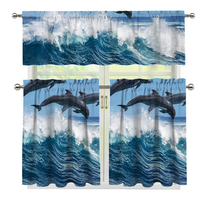 Dolphins Jumping Over Waves Print 3 Piece Kitchen Curtains