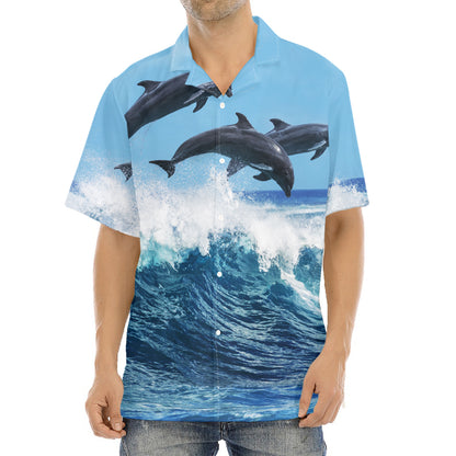 Dolphins Jumping Over Waves Print Aloha Shirt