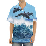 Dolphins Jumping Over Waves Print Aloha Shirt
