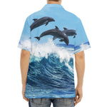 Dolphins Jumping Over Waves Print Aloha Shirt