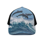 Dolphins Jumping Over Waves Print Black Mesh Trucker Cap
