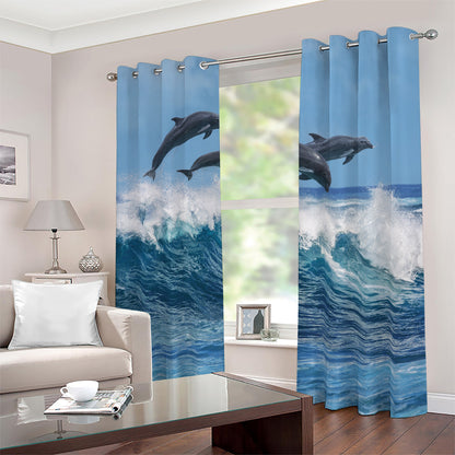 Dolphins Jumping Over Waves Print Blackout Grommet Curtains