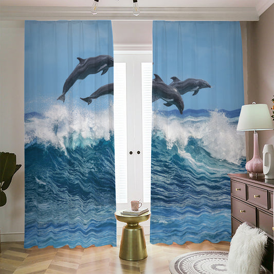 Dolphins Jumping Over Waves Print Blackout Pencil Pleat Curtains