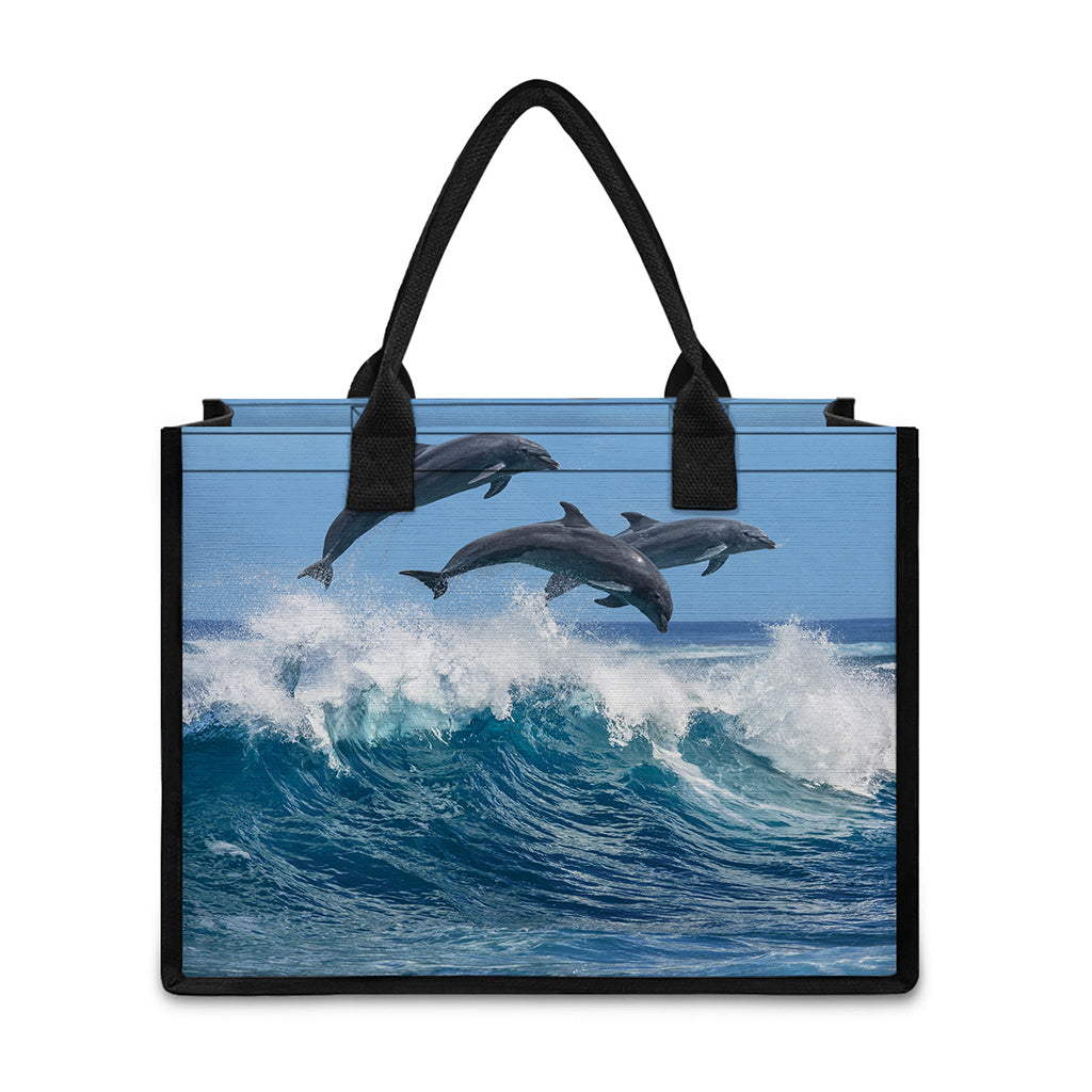 Dolphins Jumping Over Waves Print Canvas Tote Bag