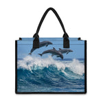 Dolphins Jumping Over Waves Print Canvas Tote Bag