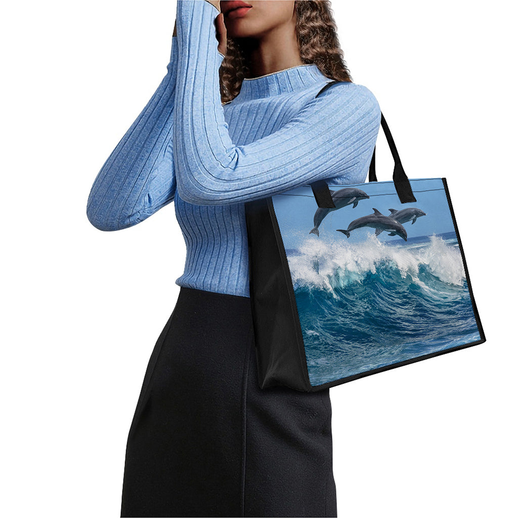 Dolphins Jumping Over Waves Print Canvas Tote Bag