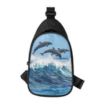 Dolphins Jumping Over Waves Print Chest Bag