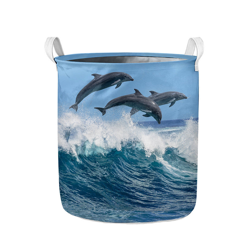 Dolphins Jumping Over Waves Print Collapsible Laundry Basket