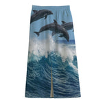 Dolphins Jumping Over Waves Print Cotton Front Slit Maxi Skirt