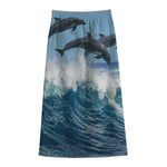Dolphins Jumping Over Waves Print Cotton Front Slit Maxi Skirt