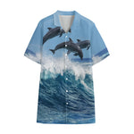 Dolphins Jumping Over Waves Print Cotton Hawaiian Shirt