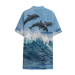 Dolphins Jumping Over Waves Print Cotton Hawaiian Shirt